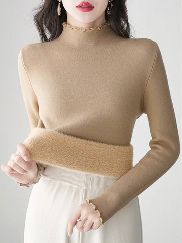 Airchics hauts unicolore doublé polaire col roulé manches longues femme casual